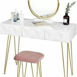 EUGAD Schminktisch (1-St), Frisiertisch mit Hocker und Spiegel, 360° schwenkbar Schminkspiegel, Kosmetiktisch mit 2 Schubladen, gepolsterte Samthocker, 3D Effekt Schublade, Weiß und golden -Eugad Möbel Einkaufen 0163f058 6b90 5e40 86ba da0f22e817b8