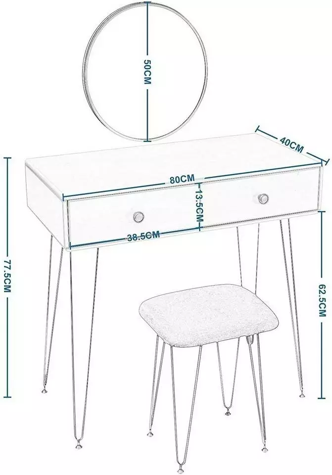 EUGAD Schminktisch (1-St), Frisiertisch Kosmetiktisch mit rundem Spiegel und 2 Schubladen für Schlafzimmer aus MDF und Massivholz, Goldenfußgestell, Weiß+Golden 3 EUGAD Schminktisch (1-St), Frisiertisch Kosmetiktisch mit rundem Spiegel und 2 Schubladen für Schlafzimmer aus MDF und Massivholz, Goldenfußgestell, Weiß+Golden – Bild 3
