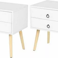 EUGAD Nachttisch, 2er-Set Beistelltisch mit 2 Schubladen Nachtkommode Nachtschrank Holzbeine MDF 46x35x50cm Weiß Grau, Weiß