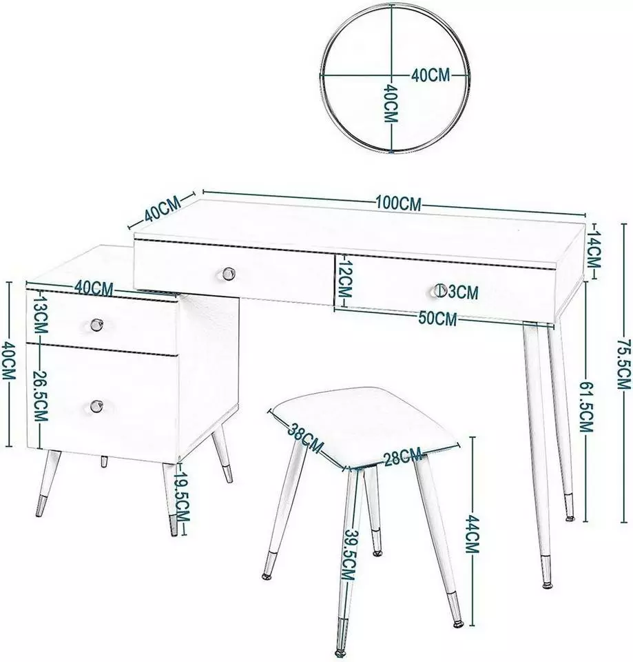 EUGAD Schminktisch (1-St), Schminktisch mit Hocker und Spiegel, Frisiertisch mit 4 Schubladen und Kosmetiktisch Frisierkommode für Schlafzimmer, Weiß Gold 3 EUGAD Schminktisch (1-St), Schminktisch mit Hocker und Spiegel, Frisiertisch mit 4 Schubladen und Kosmetiktisch Frisierkommode für Schlafzimmer, Weiß Gold – Bild 3