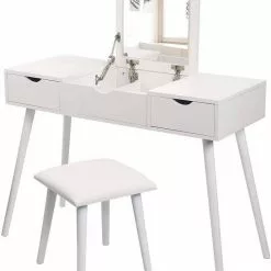 EUGAD Schminktisch, mit Aufklappbarem Spiegel, Schreibtisch mit 2 Schubladen, 100x40x75cm(L*B*H), Kosmetiktisch Computertisch mit große Tischplatte Eiche Weiß -Eugad Möbel Einkaufen 1af38af9 296b 5ad7 9774 335457879c11