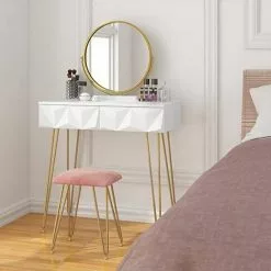 EUGAD Schminktisch (1-St), Frisiertisch mit Hocker und Spiegel, 360° schwenkbar Schminkspiegel, Kosmetiktisch mit 2 Schubladen, gepolsterte Samthocker, 3D Effekt Schublade, Weiß und golden -Eugad Möbel Einkaufen 1b3eacdc 6261 4972 b56a 7c4a21d481f0