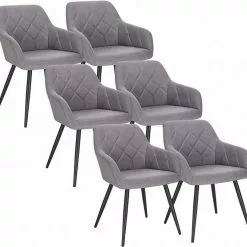 EUGAD Esszimmerstuhl (6 Stück), Wohnzimmerstuhl aus Leinen Polsterstuhl mit Armlehnen und Rückenlehne schwarze Gestell aus Metall Hellgrau Dunkelgrau