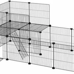 EUGAD Freigehege, Freigehege für Kaninchen Hasen Meerschweinchen Welpenauslauf Laufgitter mit Tür Doppelstöckig DIY 22 Platten Schwarz 140 x 70 x 70 cm