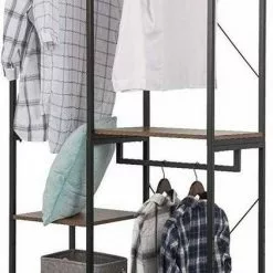 EUGAD Kleiderständer, Garderobenständer mit 7 Ablagen Schwarz-Vintage Schwarz-Hell Eiche