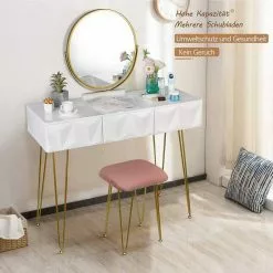 EUGAD Schminktisch (1-St), Frisiertisch mit Hocker und Spiegel, 360° schwenkbar Schminkspiegel, Kosmetiktisch mit 2 Schubladen, gepolsterte Samthocker, 3D Effekt Schublade, Weiß und golden -Eugad Möbel Einkaufen 28340dc1 3357 517c a7ed b2161a2f957b