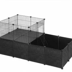 EUGAD Freigehege, mit Bodenplatten Kaninchen Hasen Meerschweinchen Welpenauslauf Laufgitter mit Tür&Treppe Doppelstöckig DIY Schwarz 38 Platten (35x35cm/Platte) 145x75x75 cm