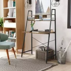 EUGAD Schreibtisch, Bürotisch Computertisch Arbeitstisch PC Tisch mit Ablage Holz Stal Holz Vintage+schwarz Hell Eiche+schwarz