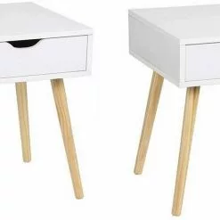 EUGAD Nachttisch, 2er-Set Beistelltisch mit Schublade Nachtkommode, Holzbeine MDF, Weiß