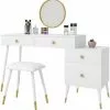 EUGAD Schminktisch (1-St), Schminktisch mit Hocker und Spiegel, Frisiertisch mit 4 Schubladen und Kosmetiktisch Frisierkommode für Schlafzimmer, Weiß Gold