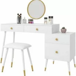 EUGAD Schminktisch (1-St), Schminktisch mit Hocker und Spiegel, Frisiertisch mit 4 Schubladen und Kosmetiktisch Frisierkommode für Schlafzimmer, Weiß Gold