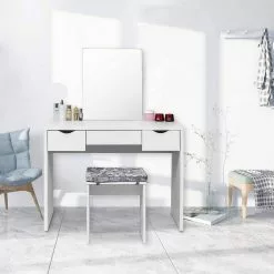 EUGAD Schminktisch, mit Hocker einem große Spiegel und 3 großen Schubladen Weiß-Eiche Eiche-Weiß, Weiß, Weiß-Eiche -Eugad Möbel Einkaufen 46821c3d cf53 5755 a3fe 732b1553e809