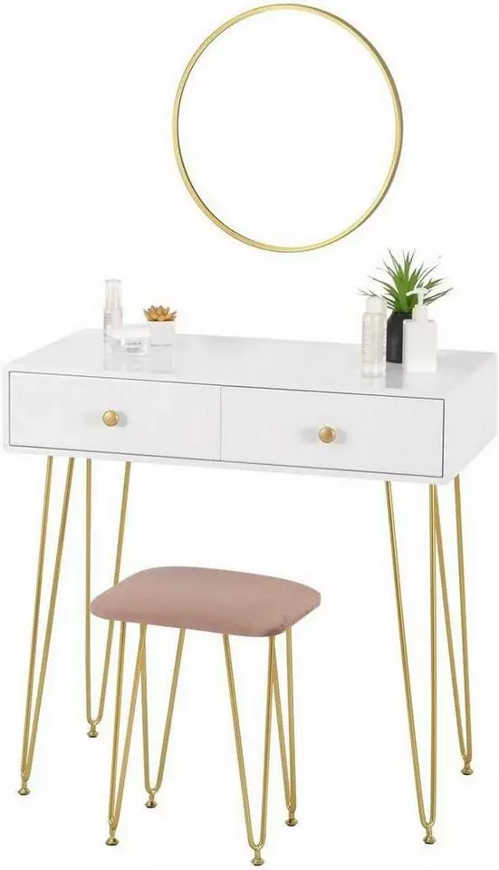 EUGAD Schminktisch (1-St), Frisiertisch Kosmetiktisch mit rundem Spiegel und 2 Schubladen für Schlafzimmer aus MDF und Massivholz, Goldenfußgestell, Weiß+Golden 1 EUGAD Schminktisch (1-St), Frisiertisch Kosmetiktisch mit rundem Spiegel und 2 Schubladen für Schlafzimmer aus MDF und Massivholz, Goldenfußgestell, Weiß+Golden