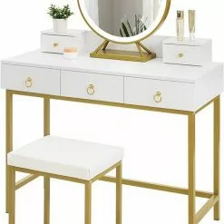 EUGAD Schminktisch (1-St), Schminktisch mit LED-Beleuchtung in 3 Farben, Kosmetiktisch mit Spiegel und Hocker, 5 Schubladen, 100x40x140cm, Modern Kosmetiktisch Weiß Schwarz, Weiß