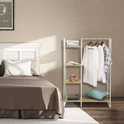 EUGAD Garderobenständer, Kleiderständer,mit Regal, Metall, Holz,im Flur, Wohnzimmer, Dunkelbraun-Schwarz Eiche-Weiß, Sand-Weiß -Eugad Möbel Einkaufen 4be7af27 6e27 5eaa 85cb cca234ab9454