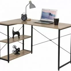 EUGAD Schreibtisch, Computertisch Büromöbel Couchtisch mit Ablage Holz Stahl Schwarz+Beigebraun Industrie-design