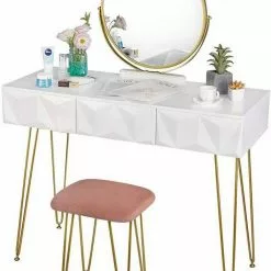 EUGAD Schminktisch (1-St), Frisiertisch mit Hocker und Spiegel, 360° schwenkbar Schminkspiegel, Kosmetiktisch mit 2 Schubladen, gepolsterte Samthocker, 3D Effekt Schublade, Weiß und golden -Eugad Möbel Einkaufen 57c5bdf8 3194 5e92 b87d 1ee9c09a616b