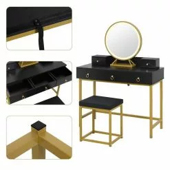 EUGAD Schminktisch (1-St), Schminktisch mit LED-Beleuchtung in 3 Farben, Kosmetiktisch mit Spiegel und Hocker, 5 Schubladen, 100x40x140cm, Modern Kosmetiktisch Weiß Schwarz, Weiß -Eugad Möbel Einkaufen 67f4af26 02bf 4e10 8526 725d00a93e1a