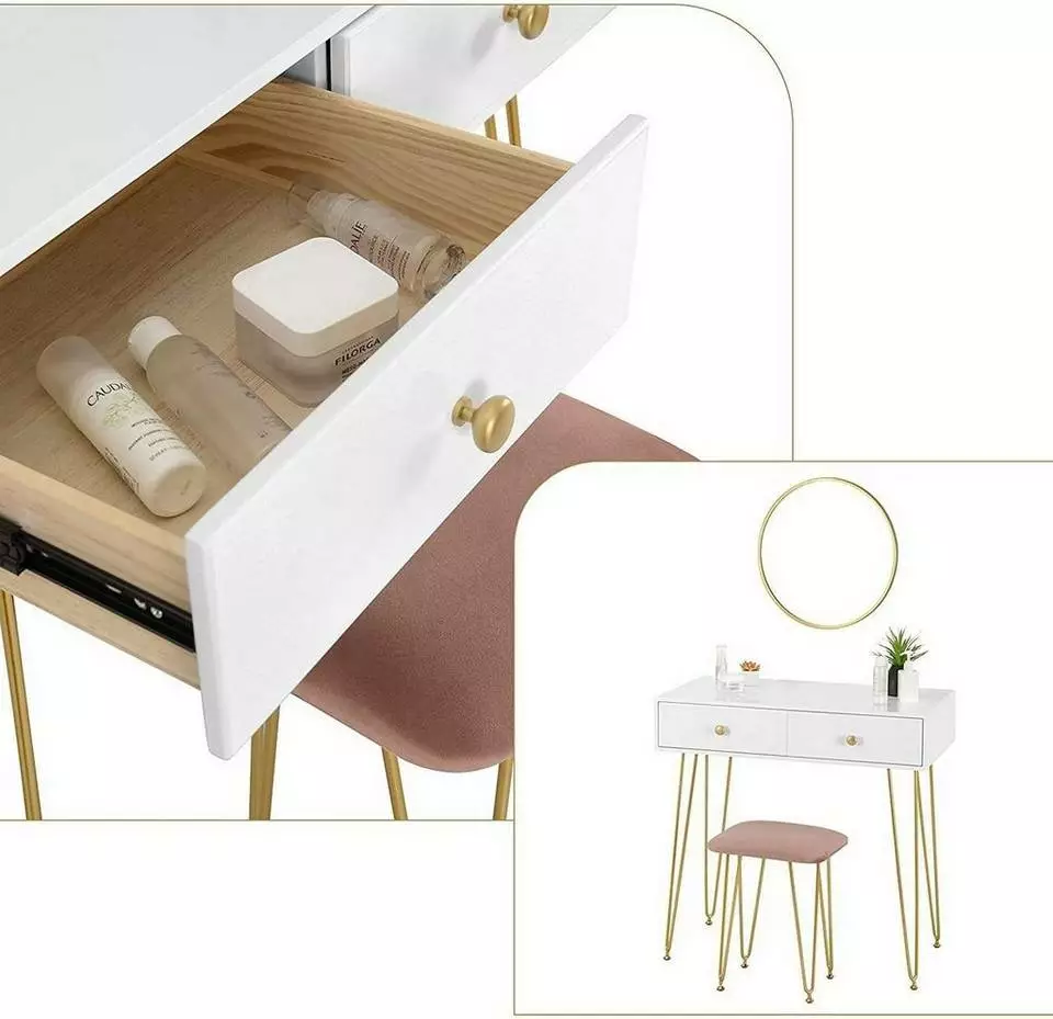 EUGAD Schminktisch (1-St), Frisiertisch Kosmetiktisch mit rundem Spiegel und 2 Schubladen für Schlafzimmer aus MDF und Massivholz, Goldenfußgestell, Weiß+Golden 6 EUGAD Schminktisch (1-St), Frisiertisch Kosmetiktisch mit rundem Spiegel und 2 Schubladen für Schlafzimmer aus MDF und Massivholz, Goldenfußgestell, Weiß+Golden – Bild 6