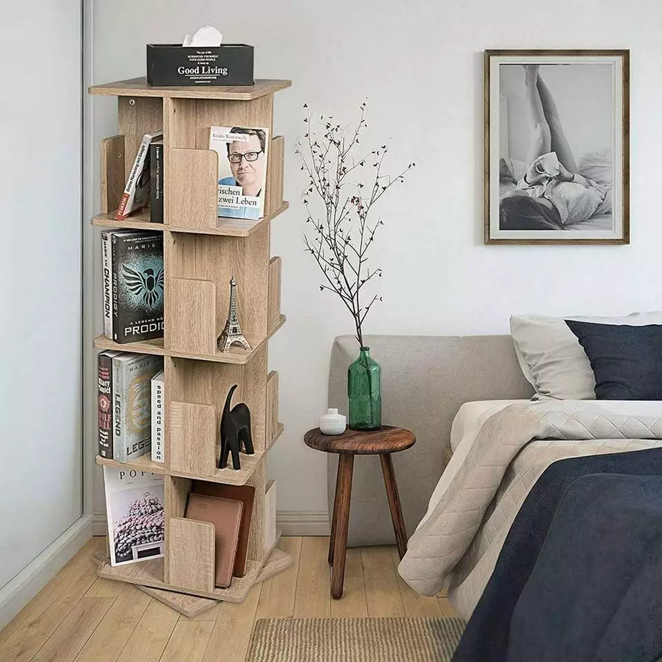 EUGAD Bücherregal, Raumteiler Standregal 360° frei drehbar, mit 4 Ebenen, MDF, Natur 2 EUGAD Bücherregal, Raumteiler Standregal 360° frei drehbar, mit 4 Ebenen, MDF, Natur – Bild 2