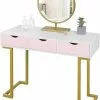 EUGAD Schminktisch (1-St), Schminktisch Frisiertisch Kommode mit Spiegel modern Kosmetiktisch mit 3 Schubladen Weiß-Rosa-Golden