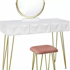 EUGAD Schminktisch (1-St), Frisiertisch mit Hocker und Spiegel, 360° schwenkbar Schminkspiegel, Kosmetiktisch mit 2 Schubladen, gepolsterte Samthocker, 3D Effekt Schublade, Weiß und golden -Eugad Möbel Einkaufen 6e8f4395 4b1e 5307 9dbe c2d7b0f26ef2