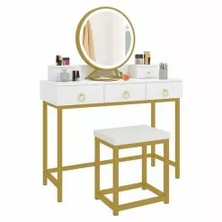 EUGAD Schminktisch (1-St), Schminktisch mit LED-Beleuchtung in 3 Farben, Kosmetiktisch mit Spiegel und Hocker, 5 Schubladen, 100x40x140cm, Modern Kosmetiktisch Weiß Schwarz, Weiß -Eugad Möbel Einkaufen 77f5d751 dae8 4828 8bc5 5ae569dc4f15