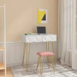EUGAD Schminktisch (1-St), Frisiertisch mit Hocker und Spiegel, 360° schwenkbar Schminkspiegel, Kosmetiktisch mit 2 Schubladen, gepolsterte Samthocker, 3D Effekt Schublade, Weiß und golden -Eugad Möbel Einkaufen 78b87c4b 3882 4e5a aa35 b4cfee3e2b55