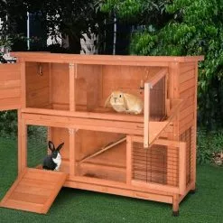 EUGAD Tierhaus, Hasenstall Kaninchenstall Hasenkäfig Kleintierstall Meerschweinchen Massivholz Hellrot 120 x 50 x 100,5 cm Grau-Wei&szlig;, Hellbraun -Eugad Möbel Einkaufen 7ad34e57 4ab4 49a2 a9d9 d9bc9d233ef0