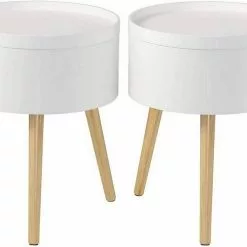 EUGAD Nachttisch, 2er-Set Beistelltisch mit Stauraum Nachtkommode Nachtschrank Holzbeine MDF 38x38x48,5cm Weiß