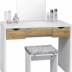 EUGAD Schminktisch, mit Hocker einem große Spiegel und 3 großen Schubladen Weiß-Eiche Eiche-Weiß, Weiß, Weiß-Eiche -Eugad Möbel Einkaufen 83c5d34a bef1 52d3 97de d416f8c48876