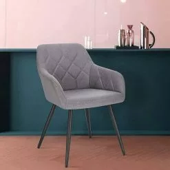 EUGAD Esszimmerstuhl (1 Stück), Wohnzimmerstuhl aus Leinen Polsterstuhl mit Armlehnen und Rückenlehne schwarze Gestell aus Metall Hellgrau Dunkelgrau