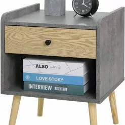 EUGAD Nachttisch (1-St), Nachtkommode, Kommode mit Schubladen und Ablagefach, Nachtschrank Industrial-Design Beistelltisch einfach Aufbau, für Schlafzimmer, Wohnzimmer Grau + Helle Eiche -Eugad Möbel Einkaufen 8c6f430c 4585 42e9 b0e6 7833299ad4a3