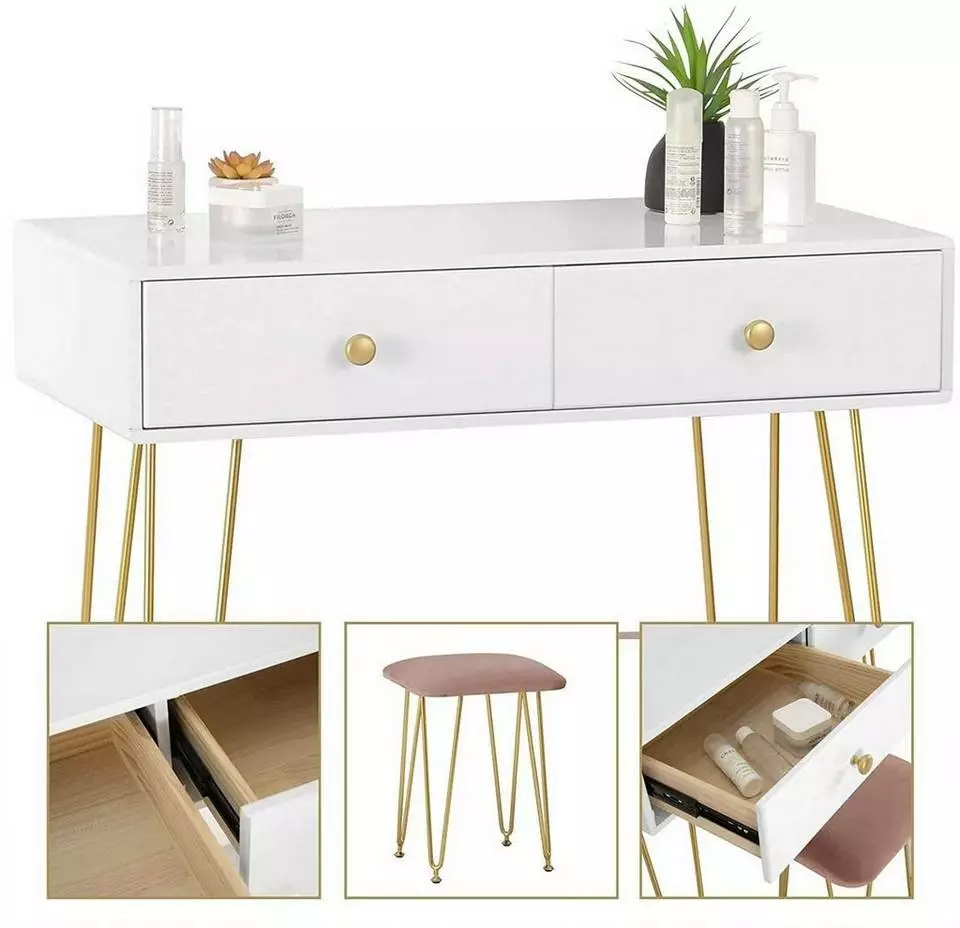 EUGAD Schminktisch (1-St), Frisiertisch Kosmetiktisch mit rundem Spiegel und 2 Schubladen für Schlafzimmer aus MDF und Massivholz, Goldenfußgestell, Weiß+Golden 5 EUGAD Schminktisch (1-St), Frisiertisch Kosmetiktisch mit rundem Spiegel und 2 Schubladen für Schlafzimmer aus MDF und Massivholz, Goldenfußgestell, Weiß+Golden – Bild 5
