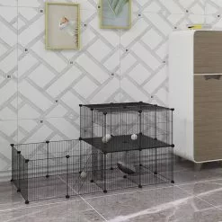 EUGAD Freigehege, Freigehege Kaninchen mit Stauraum Hasen Meerschweinchen Welpenauslauf Laufgitter mit Tür&Treppe DIY Schwarz 30 Platten (35x35cm/Platte) 105 x 70 x 70 cm