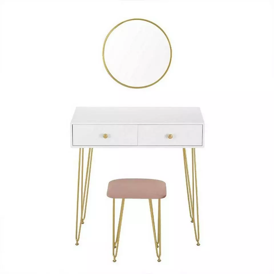 EUGAD Schminktisch (1-St), Frisiertisch Kosmetiktisch mit rundem Spiegel und 2 Schubladen für Schlafzimmer aus MDF und Massivholz, Goldenfußgestell, Weiß+Golden 4 EUGAD Schminktisch (1-St), Frisiertisch Kosmetiktisch mit rundem Spiegel und 2 Schubladen für Schlafzimmer aus MDF und Massivholz, Goldenfußgestell, Weiß+Golden – Bild 4