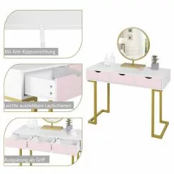 EUGAD Schminktisch (1-St), Schminktisch Frisiertisch Kommode mit Spiegel modern Kosmetiktisch mit 3 Schubladen Weiß-Rosa-Golden -Eugad Möbel Einkaufen a6313809 1abb 4848 8775 3297f9e86899