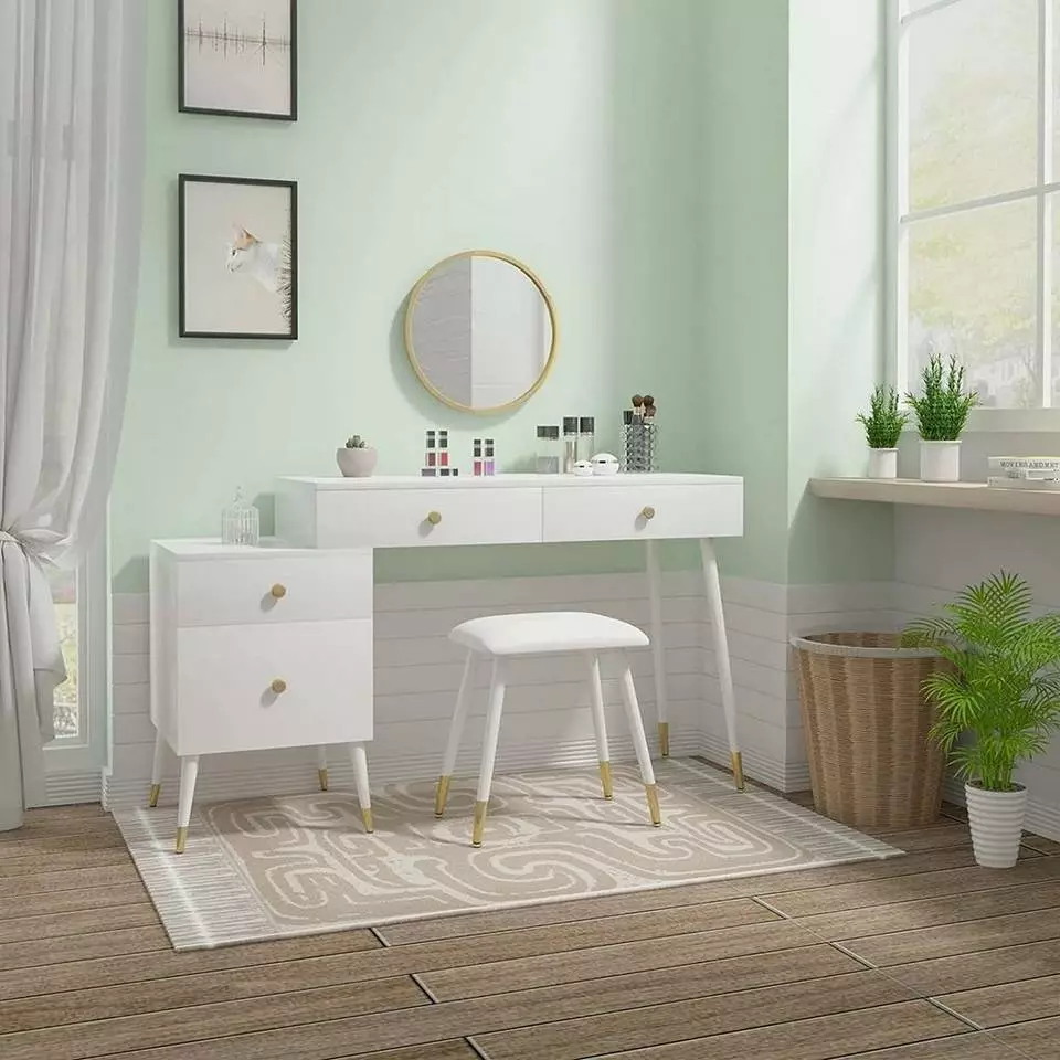 EUGAD Schminktisch (1-St), Schminktisch mit Hocker und Spiegel, Frisiertisch mit 4 Schubladen und Kosmetiktisch Frisierkommode für Schlafzimmer, Weiß Gold 4 EUGAD Schminktisch (1-St), Schminktisch mit Hocker und Spiegel, Frisiertisch mit 4 Schubladen und Kosmetiktisch Frisierkommode für Schlafzimmer, Weiß Gold – Bild 4