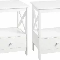 EUGAD Nachttisch, 2er-Set Beistelltisch Nachtschrank Nachtkommode Sofatisch aus MDF mit Schublade und Ablage für Schlafzimmer oder Wohnzimmer Weiß