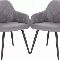 EUGAD Esszimmerstuhl (2 Stück), Wohnzimmerstuhl aus Leinen Polsterstuhl mit Armlehnen und Rückenlehne schwarze Gestell aus Metall Hellgrau Dunkelgrau