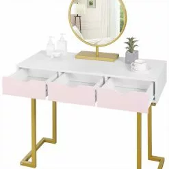 EUGAD Schminktisch (1-St), Schminktisch Frisiertisch Kommode mit Spiegel modern Kosmetiktisch mit 3 Schubladen Weiß-Rosa-Golden -Eugad Möbel Einkaufen b145747f bf71 45ac 8060 9ca99423c512