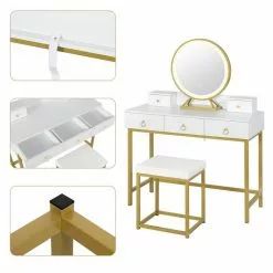 EUGAD Schminktisch (1-St), Schminktisch mit LED-Beleuchtung in 3 Farben, Kosmetiktisch mit Spiegel und Hocker, 5 Schubladen, 100x40x140cm, Modern Kosmetiktisch Weiß Schwarz, Weiß -Eugad Möbel Einkaufen b7373922 95aa 4d3f a0e1 6c6d040e982f