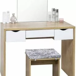 EUGAD Schminktisch, mit Hocker einem große Spiegel und 3 großen Schubladen Weiß-Eiche Eiche-Weiß, Weiß, Weiß-Eiche -Eugad Möbel Einkaufen bfda2a16 659c 528b ad86 2d2d17e861ba