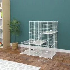 EUGAD Freigehege, Freigehege Kaninchen mit Stauraum Hasen Meerschweinchen Welpenauslauf Laufgitter mit Tür&Treppe DIY Schwarz 48 Platten (35x35cm/Platte) 110x 75 x 110 cm
