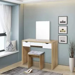 EUGAD Schminktisch, mit Hocker einem große Spiegel und 3 großen Schubladen Weiß-Eiche Eiche-Weiß, Weiß, Weiß-Eiche -Eugad Möbel Einkaufen c64cdfd8 ea08 523c a676 fe5c6c77e336