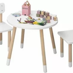 EUGAD Sitzgruppe, Kindertisch mit Stühle, 3tlg. Kindersitzgruppe Kindermöbel, 1 Kindertisch und 2 Kinderstühlen Tischset rund in Katzenform aus MDF und Kiefernholz im Kinderzimmer, Weiß