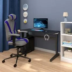 EUGAD Gamingtisch, Gaming Tisch mit LED 120x60cm Ergonomischer Schwarz Computertisch Schreibtisch PC Tisch mit Kabelmanagement Becherhalter Kopfhörerhalterung