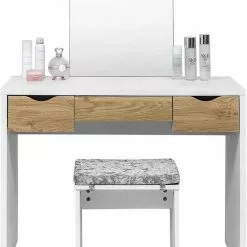 EUGAD Schminktisch, mit Hocker einem große Spiegel und 3 großen Schubladen Weiß-Eiche Eiche-Weiß, Weiß, Weiß-Eiche