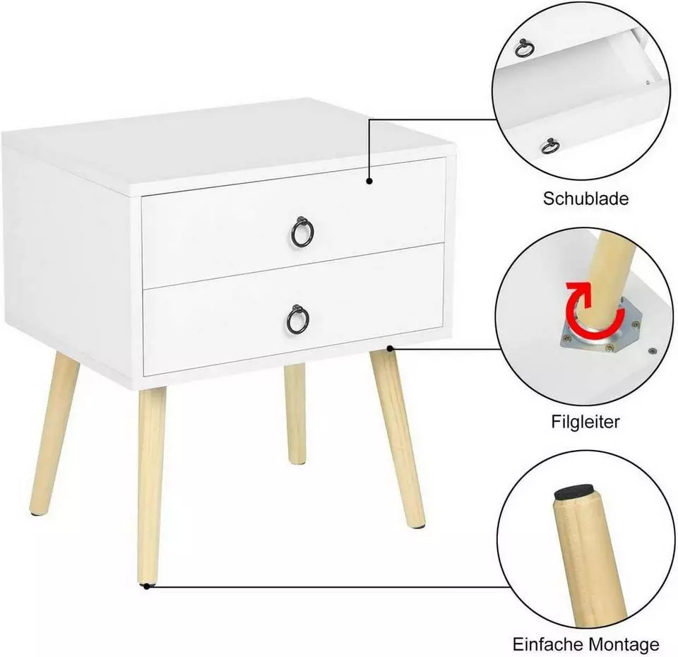 EUGAD Nachttisch, 2er-Set Beistelltisch mit 2 Schubladen Nachtkommode Nachtschrank Holzbeine MDF 46x35x50cm Weiß Grau, Weiß 7 EUGAD Nachttisch, 2er-Set Beistelltisch mit 2 Schubladen Nachtkommode Nachtschrank Holzbeine MDF 46x35x50cm Weiß Grau, Weiß – Bild 7
