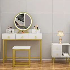 EUGAD Schminktisch (1-St), Schminktisch mit LED-Beleuchtung in 3 Farben, Kosmetiktisch mit Spiegel und Hocker, 5 Schubladen, 100x40x140cm, Modern Kosmetiktisch Weiß Schwarz, Weiß -Eugad Möbel Einkaufen dda6cd57 06fb 45cc bc1c 593a49248c23